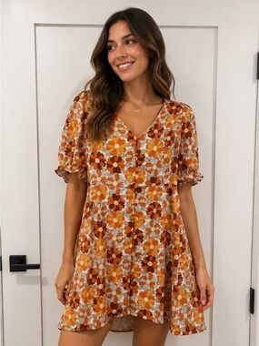 Hesperus Retro Floral Button-Front‎ Dress in Orange & Cream Size Small